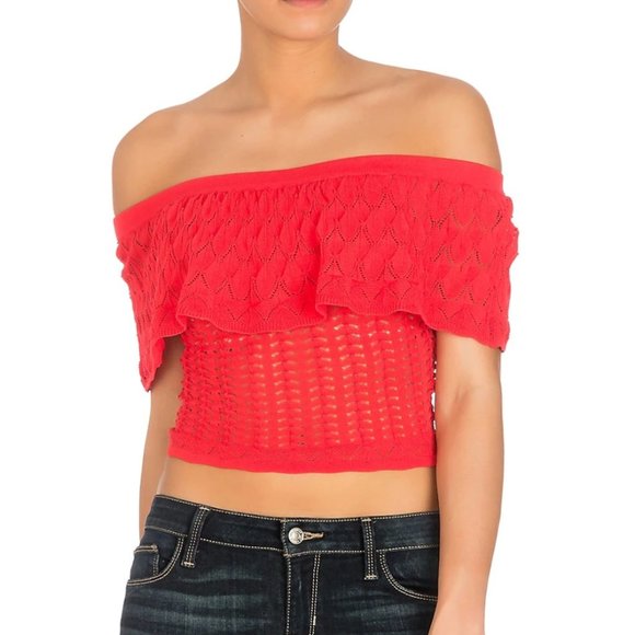 GUESS Amina Pointelle Off-The-Shoulder Sweater - Picture 1 of 1